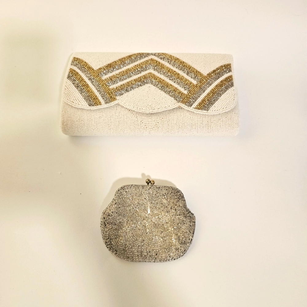 Vintage Beaded Clutch with Coin Purse Scalloped Ivory Gold Silver Deco Elegant